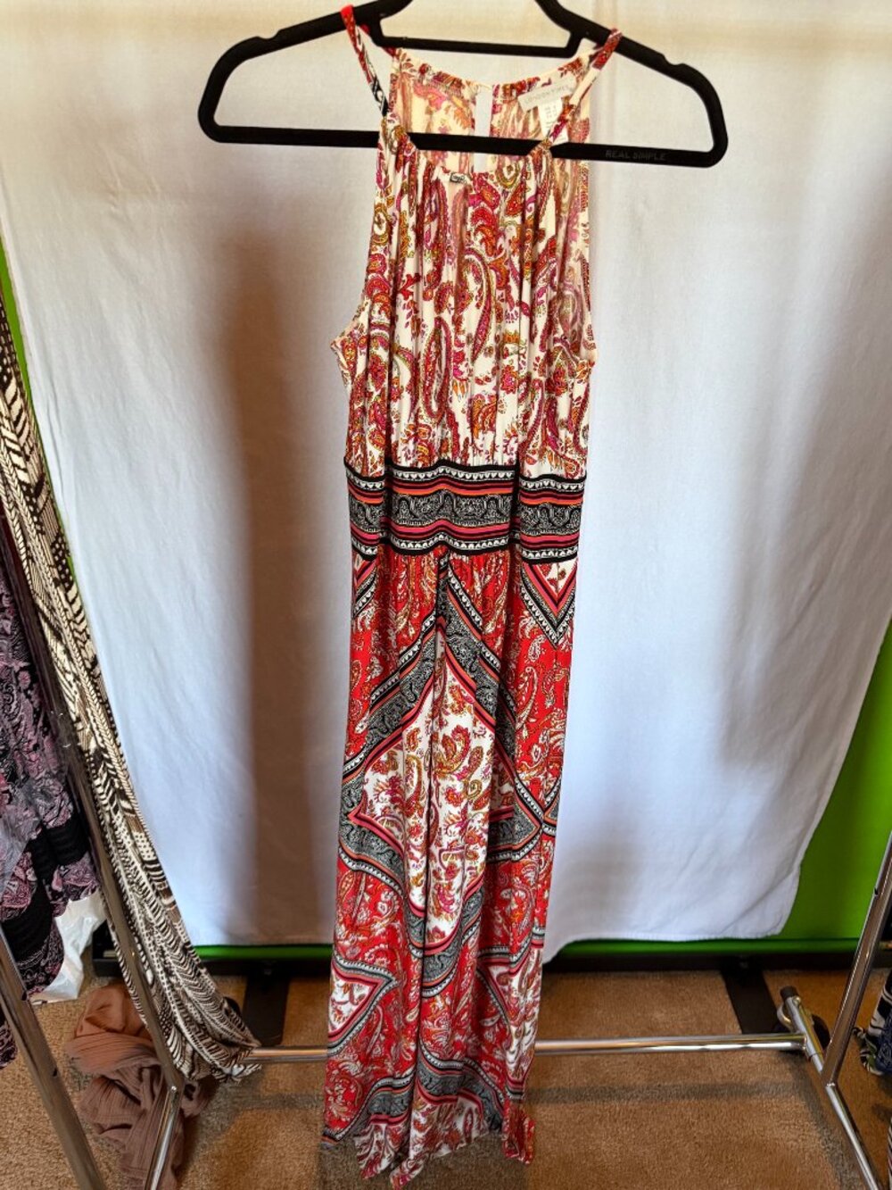 LONDON TIMES Red Paisley Geometric Border Print Halter Maxi Dress 6